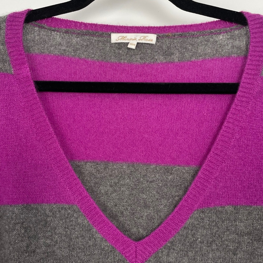 Minnie Rose Cashmere Gray Purple Striped V-Neck Short Sleeve Sweater Luxury XS/S - Picture 4 of 7